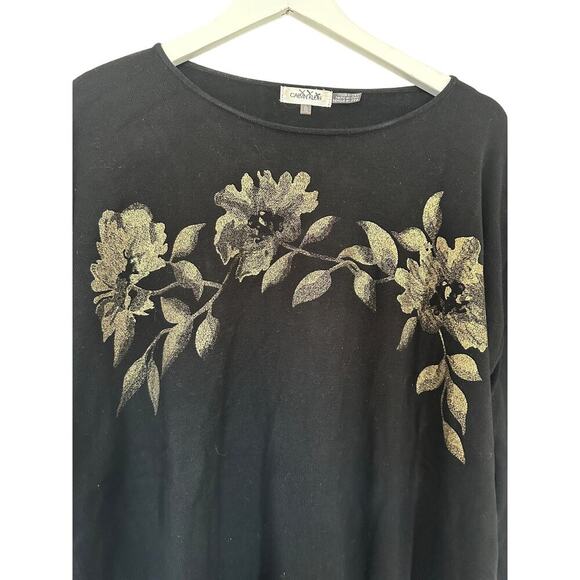 Calvin Klein XL Black Gold Flowers Travel Lounge Pullover Sweater Christmas Cozy - Picture 3 of 10